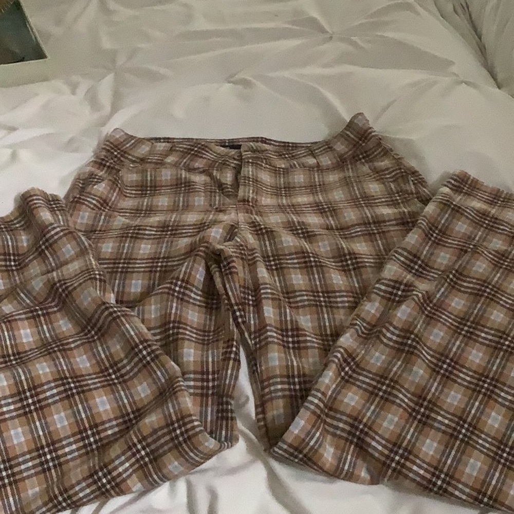 Brown Plaid Wide-Leg Pants